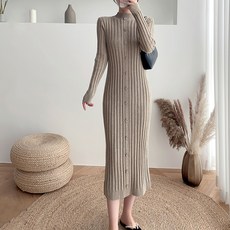 PAPERMENTS 女款假鈕釦豎條紋長版針織連身裙, 摩卡