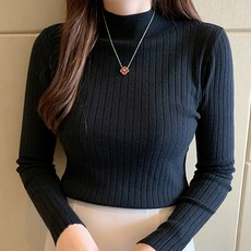 페이퍼먼츠 여성용 하프 터틀넥 슬림핏 데일리 골지 니트 티셔츠 02745