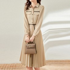 PAPERMENTS 女款襯衫式雙口袋腰帶褶邊長袖中長版連身裙, 米色