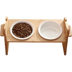 PETCA寵物竹子原木可調節高度角度框架 2格+陶瓷碗 2個組 M 14cm, 1套, 混合顏色