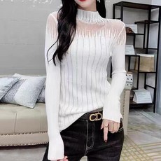 비비에모 여성용 하프 터틀넥 숄더 메쉬 여리여리 슬림핏 긴팔 티셔츠 01909