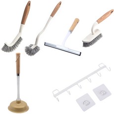 MONACO OLIVE 家用清潔工具組合 瀝水器+馬桶清潔刷+縫隙清潔刷+瓷磚清潔刷+金鑽孔+六爪鉤, 白+木, 1套