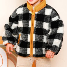 milk mile 童款俏皮小熊刺繡撞色立領格紋絨毛外套