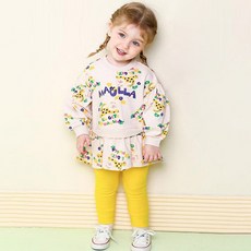 milk mile 童款可愛風繽紛花朵插圖泡泡袖連身裙+內搭長褲組