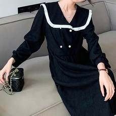 페이퍼먼츠 배색 프릴 빅카라 골덴 미디 원피스 03115 빅사이즈 포함