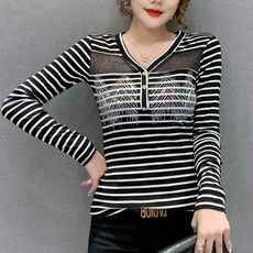 아뗄릭 여성용 반짝 큐빅 시스루라인 브이넥 섹시 중년 긴팔 티셔츠 01408