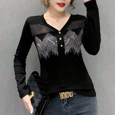 아뗄릭 여성용 반짝 큐빅 시스루라인 브이넥 섹시 중년 긴팔 티셔츠 01408