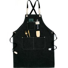 文青風帆布圍裙 工坊咖啡廳圍裙, 黑色
