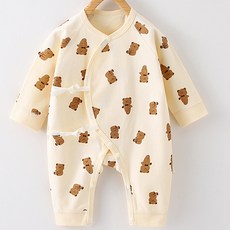 JOYMULTI 嬰兒滿版熊印花繫帶長袖連身衣