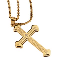 JNJ 主禱文印花鋼製十字架項鍊墜飾 + 珍珠鍊 3mm x 60cm 套組, 1套, 金色(墜飾), 金色(鍊子)
