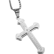 JNJ 主禱文印花鋼製十字架項鍊墜飾 + 珍珠鍊 3mm x 60cm 套組, 1套, 鋼色(墜飾), 鋼色(鍊子)