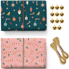 indi.k 聖誕節裝飾品包裝紙 5p + 拐杖糖包裝紙 粉紅色 5p + 沙金色金蔥線 2p + 金色大鈴鐺 10p 組, 1套, 混合色