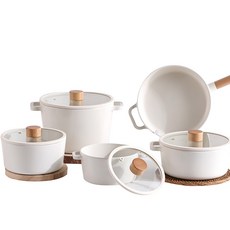 BEKA 貝卡 IH爐適用Blanc Wood系列鍋具 5入, 象牙白, 迷你雙耳湯鍋+單柄湯鍋+雙耳湯鍋+平底鍋+雙耳深湯鍋