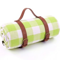 皮革背帶格紋露營野餐墊, 綠色格紋