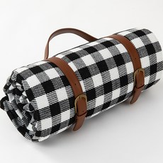 皮革背帶格紋露營野餐墊, 黑色格紋