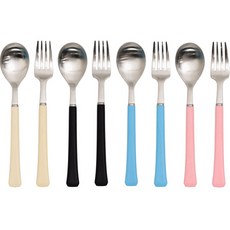RAONNURI 孩童不鏽鋼餐具組, 象牙白+黑色+淡粉紅色+天藍色, 湯匙 4支+叉子 4支