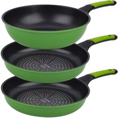 Kitchen-Art 鑽石塗層不沾鍋具 3入, 綠色, 平底鍋28cm 2入+炒鍋28cm