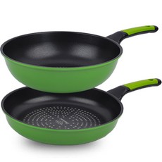 Kitchen-Art 鑽石塗層不沾鍋具 2入, 平底鍋28cm+炒鍋28cm, 綠色