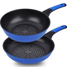 Kitchen-Art 鑽石塗層不沾鍋具 2入, 平底鍋26cm+炒鍋26cm, 藍色