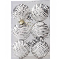 特別斑馬紋聖誕樹裝飾球 6入, 銀色, 6個