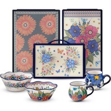 PAWIE 花朵印花砧板+印花造型餐碗+馬克杯組, 1套, 大案板+中案板+小案板+花天面2p+藍絲帶杯2p