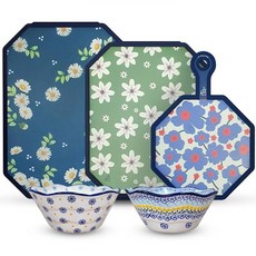 PAWIE 花朵印花砧板+印花造型餐碗組 5件組, 1套, 八角大砧板+中砧板+小砧板+麵條（寬磨）2p