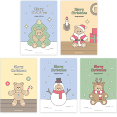 도나앤데코 곰돌이 시리즈 크리스마스 카드 5종 x 2p + 봉투 10p + 스티커 2cm 10p 세트, 1세트, (산타, 트리, 쿠키, 눈사람, 루돌프)카드