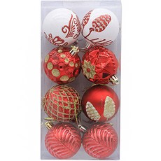 時尚聖誕圖案樹裝飾球 8入, 紅色