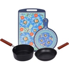 PAWIE 花朵印花雙面砧板+鍋具 4件組, 特大砧板+圓形砧板+牛奶鍋20cm+煎鍋20cm, 1套