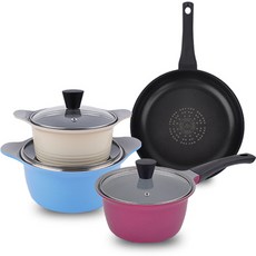 Kitchen-Art Pastel系列不沾鍋具組 4入, 混色, 雙耳湯鍋16cm+單柄湯鍋18cm+雙耳湯鍋20cm+平底鍋28cm