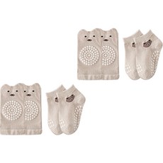 JOY MULTI 幼兒圖案印花防滑襪+護膝組 S號, 1組, 熊熊款 米色