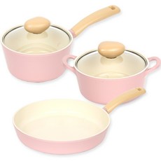 NEOFLAM 復古鍋具組, 粉紅色, 18cm單柄鍋 + 18cm雙耳鍋 + 24cm平底鍋