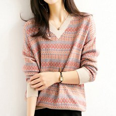 페이퍼먼츠 여성용 기하학무늬 브이넥 도톰 스웨터 티셔츠 02941