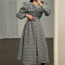 Vivemo 羊毛千鳥格袖百褶泡泡長裙 02237, 黑色格子