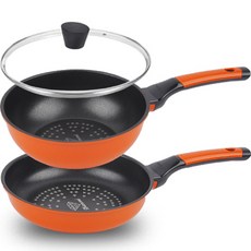 Kitchen-Art 鑽石塗層不沾鍋具組 3入, 混色, 平底鍋20cm+炒鍋20cm+玻璃鍋蓋20cm