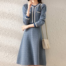 Paperments 春秋圓領圖案OL風針織連身裙 02462, 藍色