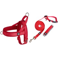 Mungtem 寵物防暴衝胸背帶 + 免持牽繩 3m 套組, 紅色