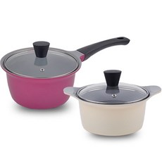 Kitchen-Art Pastel系列陶瓷鍋具組 2入, 雙耳湯鍋16cm+單柄湯鍋18cm, 混色