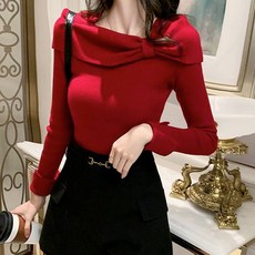 MEICHEL 女款抓皺領口修身針織長袖T恤 01576