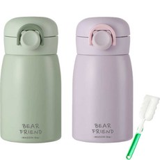 푸코 베어프렌드 원터치 보온병 2p + 세척솔 세트, 그린 + 퍼플, 350ml, 1세트