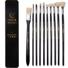 Liz Janey 美術用品金屬外殼油畫刷套組 10 01 黑色猪鬃黑色, 1套, 10種