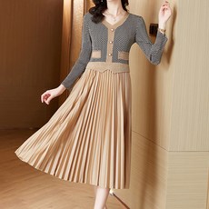 ATTERLIC V領格紋撞色百褶皺褶長版洋裝 01578 含大尺碼, 米色