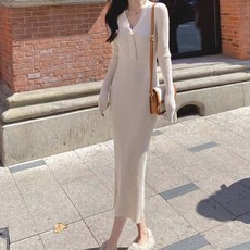 PAPERMENTS 女款V領鈕扣豎羅紋修身連身長裙 03531, 象牙