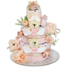 babybakery 雙胞胎小熊連身衣尿布蛋糕 3層 雙胞胎 新生兒 女女, 1個, 粉紅色