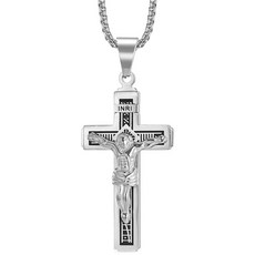 基督教耶穌十字架墜飾 + PL001 鋼製 3 x 60 公分項鍊, 鋼, 1個