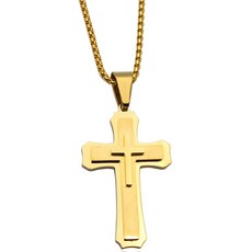 雙十字架時尚基督教吊墜 + 珍珠鍊 3 x 55 cm 項鍊, 金色, 1個