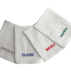 感性風字母刺繡廚房巾亞麻餐巾4件組, 1套, Brunch, Merci, Clean, Happy