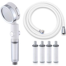 Winprice 三段調節一鍵止水過濾蓮蓬頭+替換濾芯 4入+PVC淋浴軟管 2m組, 1組, 白色