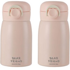 PUKO Bear Friend彈蓋式不鏽鋼真空保溫杯 2入+杯刷組, 粉色, 350ml, 1組