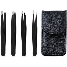 Pause生活健康 鑷子 4件組 鑷子 + 皮革收納盒, 黑色, 1套